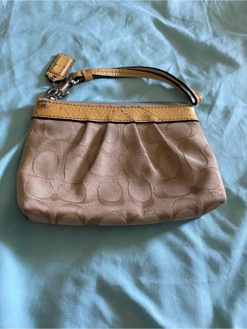Coach Beige Signature Canvas Wristlet with Yellow Trim